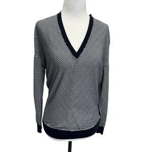 Michael Kors Black White Stripe V-Neck Long Sleeve Top Size XS